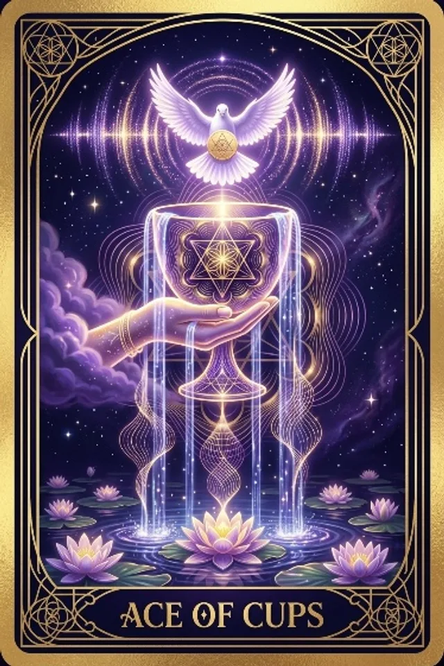 Ace of Cups tarot card — original artwork from the Sacred Frequency deck