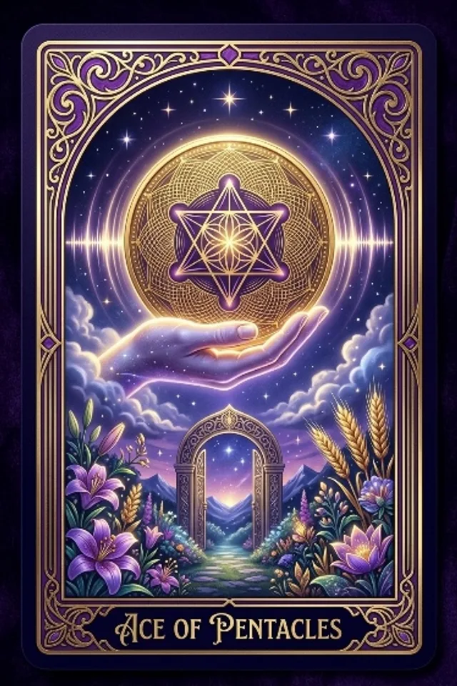 Ace of Pentacles tarot card — original artwork from the Sacred Frequency deck