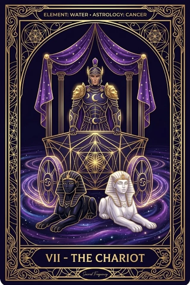 The Chariot tarot card — original artwork from the Sacred Frequency deck
