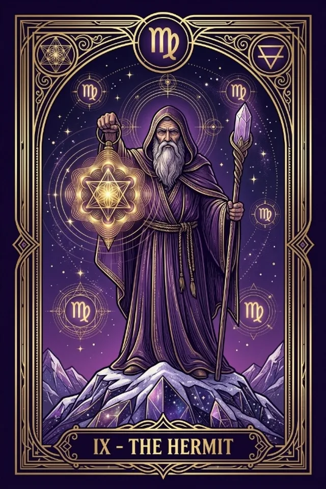 The Hermit tarot card — original artwork from the Sacred Frequency deck