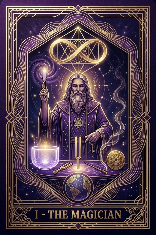 The Magician tarot card — original artwork from the Sacred Frequency deck