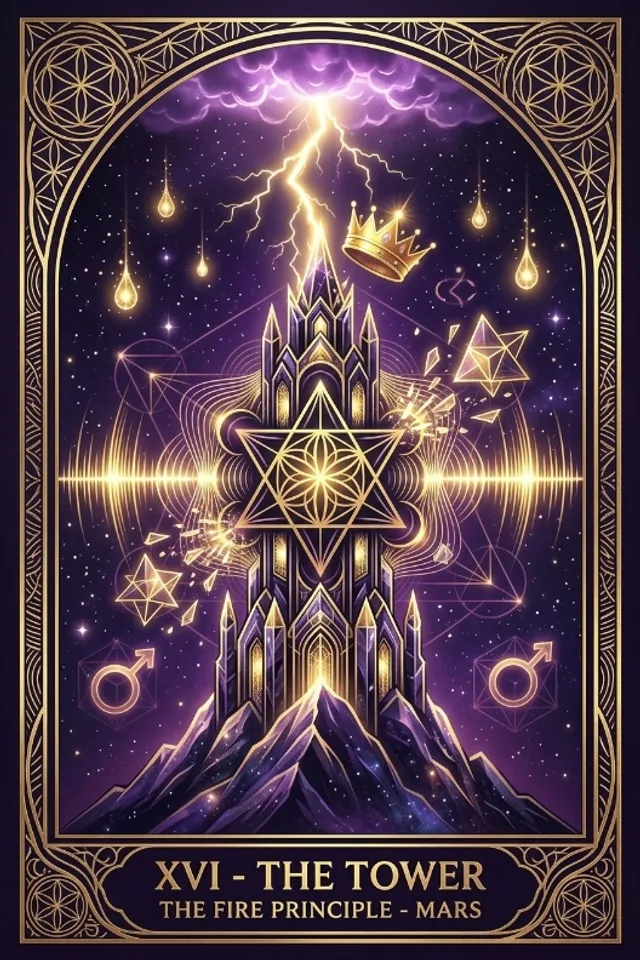 The Tower tarot card — original artwork from the Sacred Frequency deck